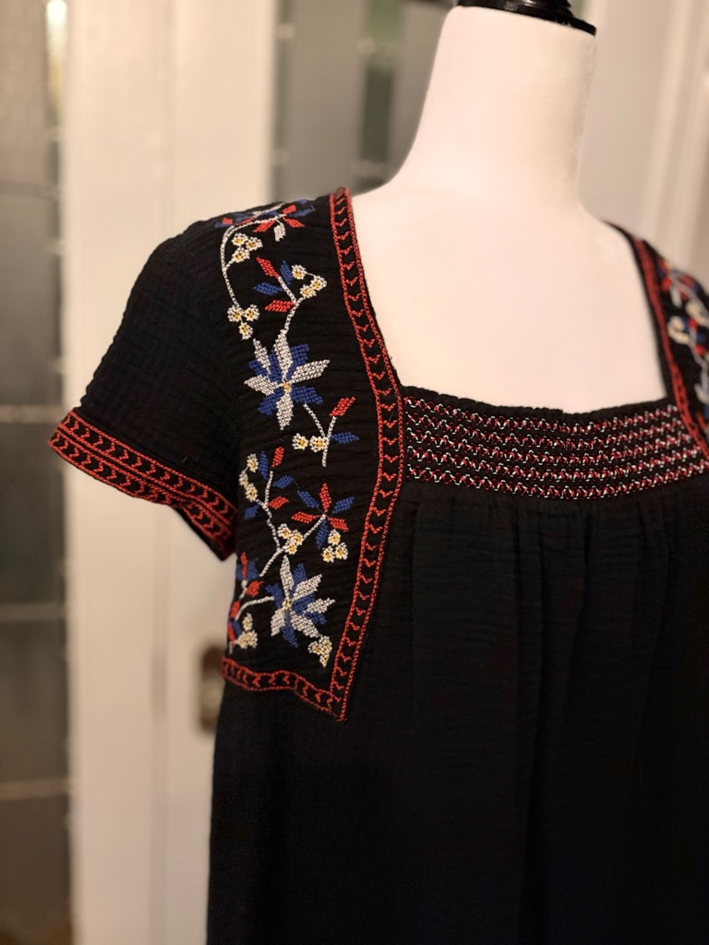 Old Navy Black Midi Dress with Red Trim and Multicolor Floral Embroidery